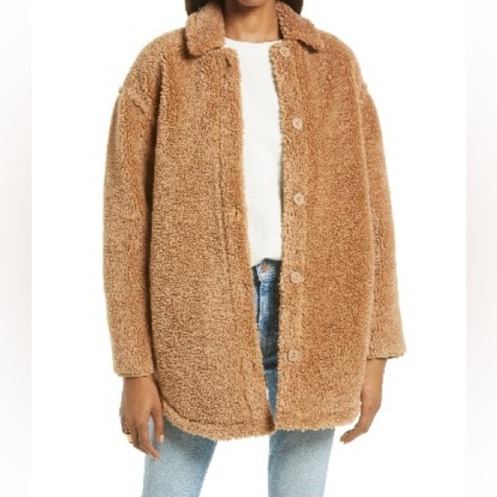 Treasure & Bond Wubby Sherpa Teddy Shirt Fleece Jacket w/ pockets, Camel, Small